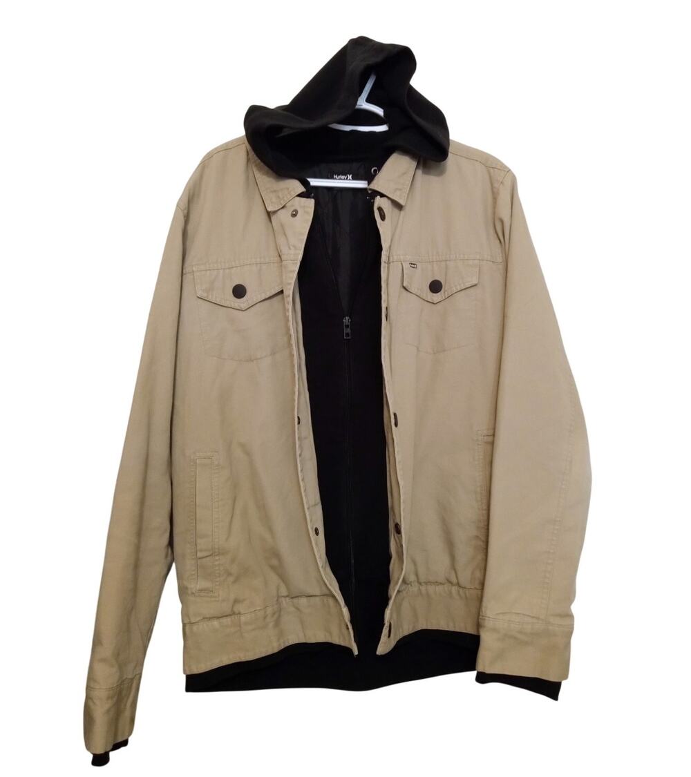 Hurley Barris Canvas Jacket Mens Khaki Black Layered Hoodie 2-in-1 Utility SZ L